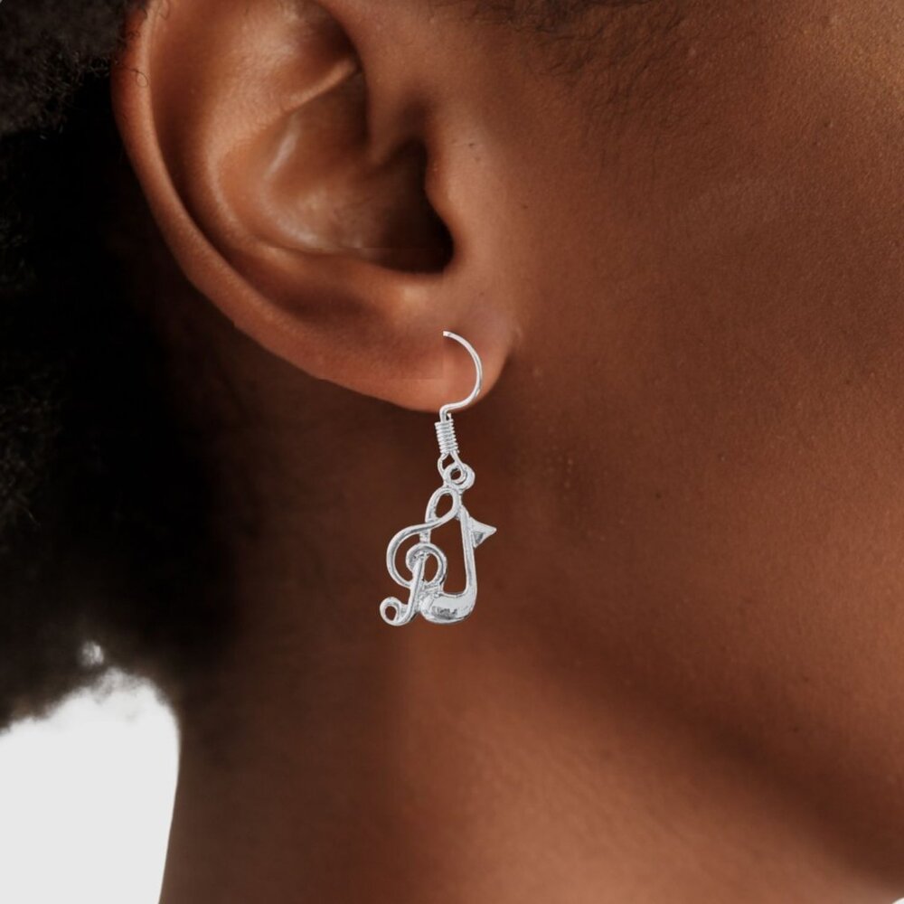 Silver Tone Treble Clef Music Note Drop Earrings with Pouch